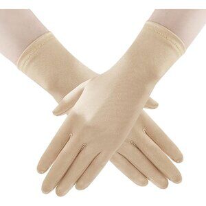 Women's Cream Short Satin Gloves Stretchy Fabric Formal Wedding Party Tea Prom